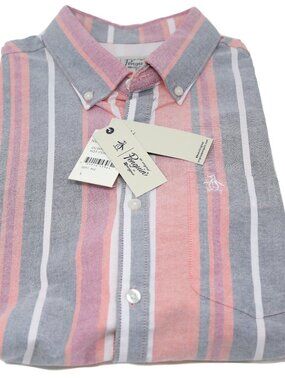 Original Penguin Men's L Pink Striped Short Sleeve Button Down Oxford Shirt NWT